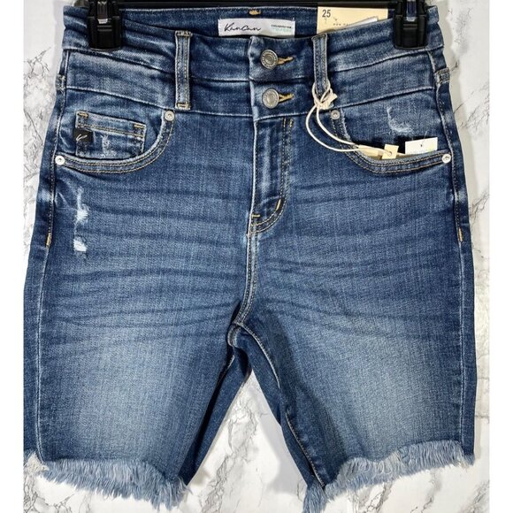 KanCan Womens Denim High Rise Bermuda Shorts Size 25 waist Distressed Frayed Hem - Picture 1 of 7